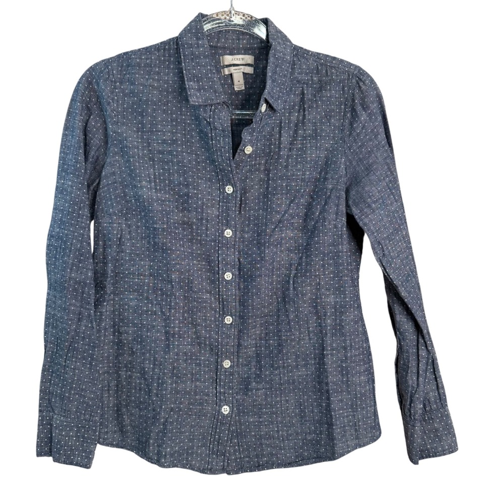 J.Crew Perfect Shirt Womens 4 Blue Polka Dot Cotton Long Sleeveā Button Up